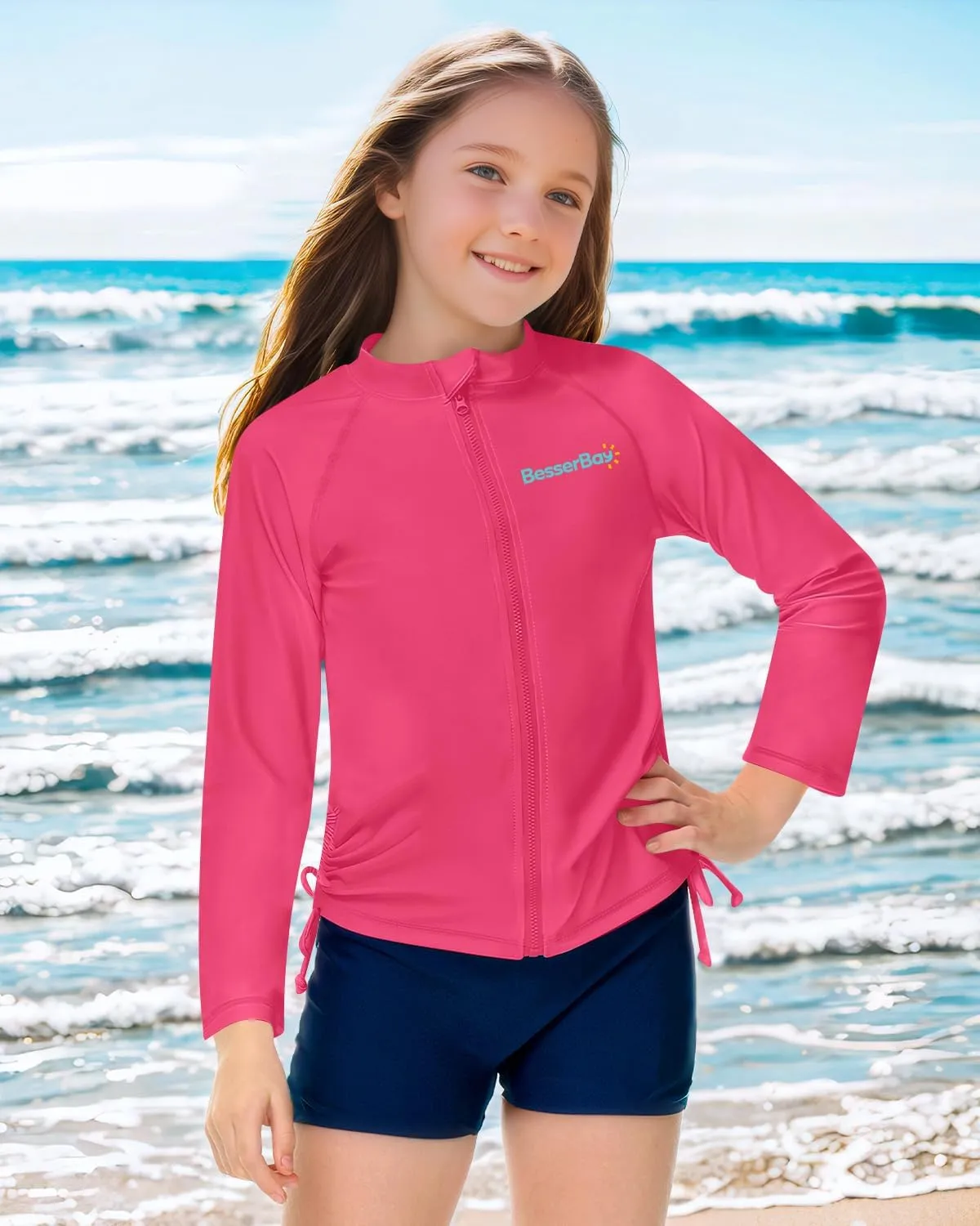 BesserBay Girls UPF 50  Zip Up Long Sleeve Ruched Side Adjustable Drawstring Thumb Holes Swim Shirt 4-14 Years
