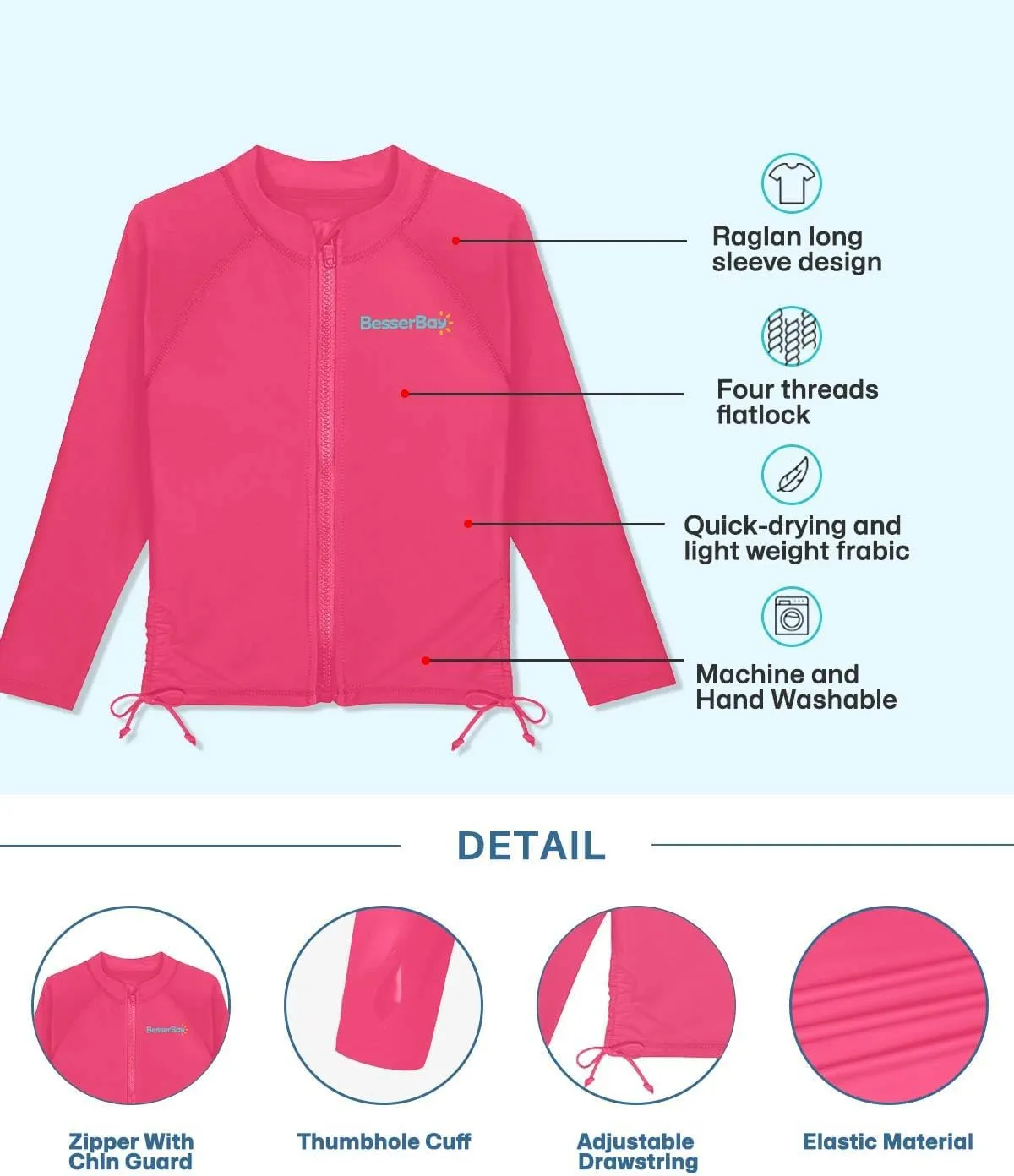 BesserBay Girls UPF 50  Zip Up Long Sleeve Ruched Side Adjustable Drawstring Thumb Holes Swim Shirt 4-14 Years