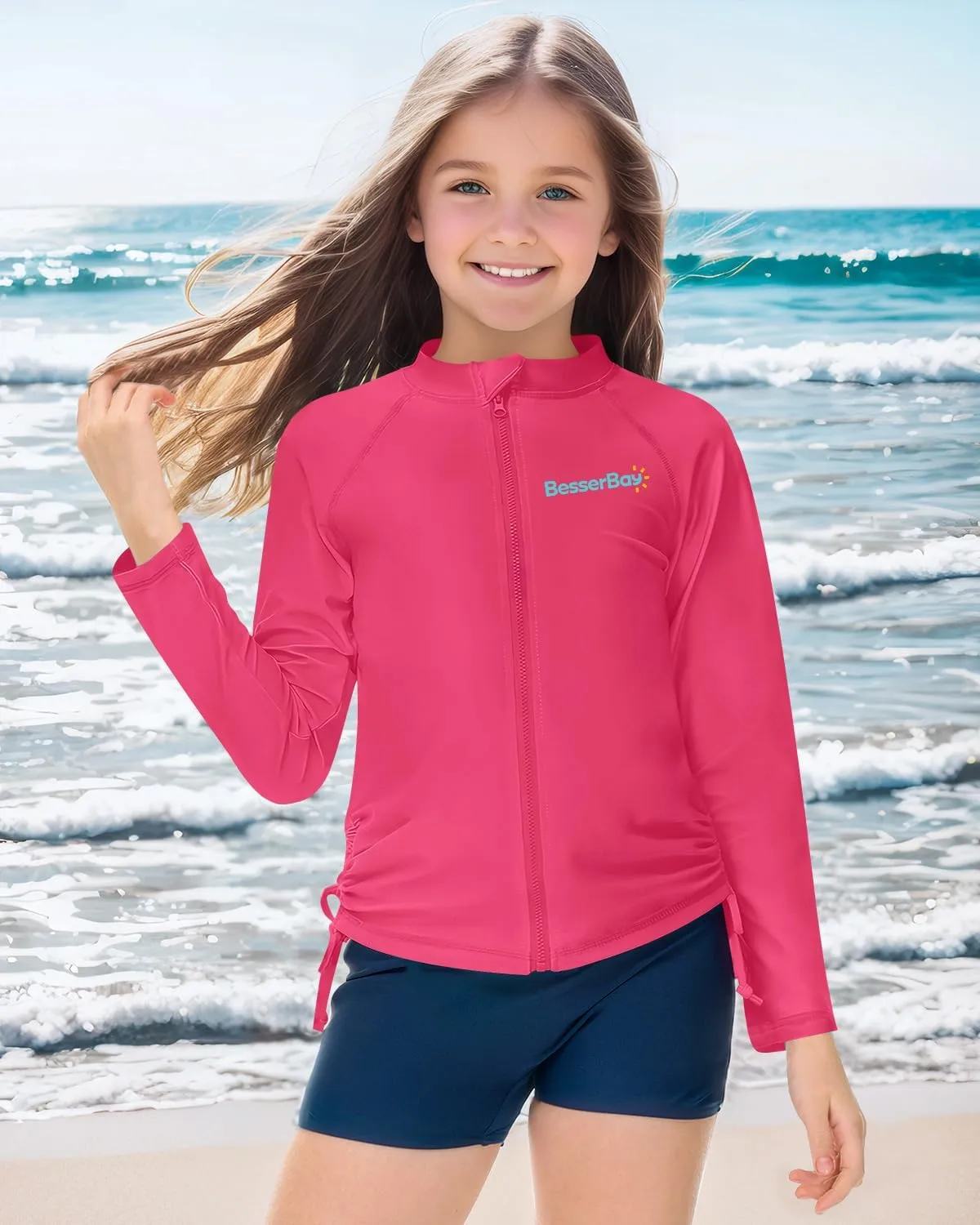BesserBay Girls UPF 50  Zip Up Long Sleeve Ruched Side Adjustable Drawstring Thumb Holes Swim Shirt 4-14 Years