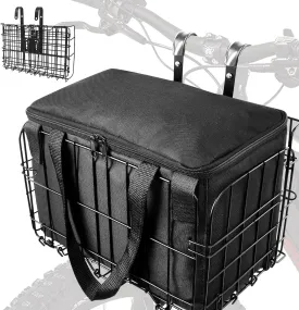 Bike Basket Front Folding Bicycle Basket with Removable Liner Bag, Quick Release Design Metal Ebike Basket for Adult Women/Men Carrying Dogs, Pets, Fruit & Grocery (XL-Black)