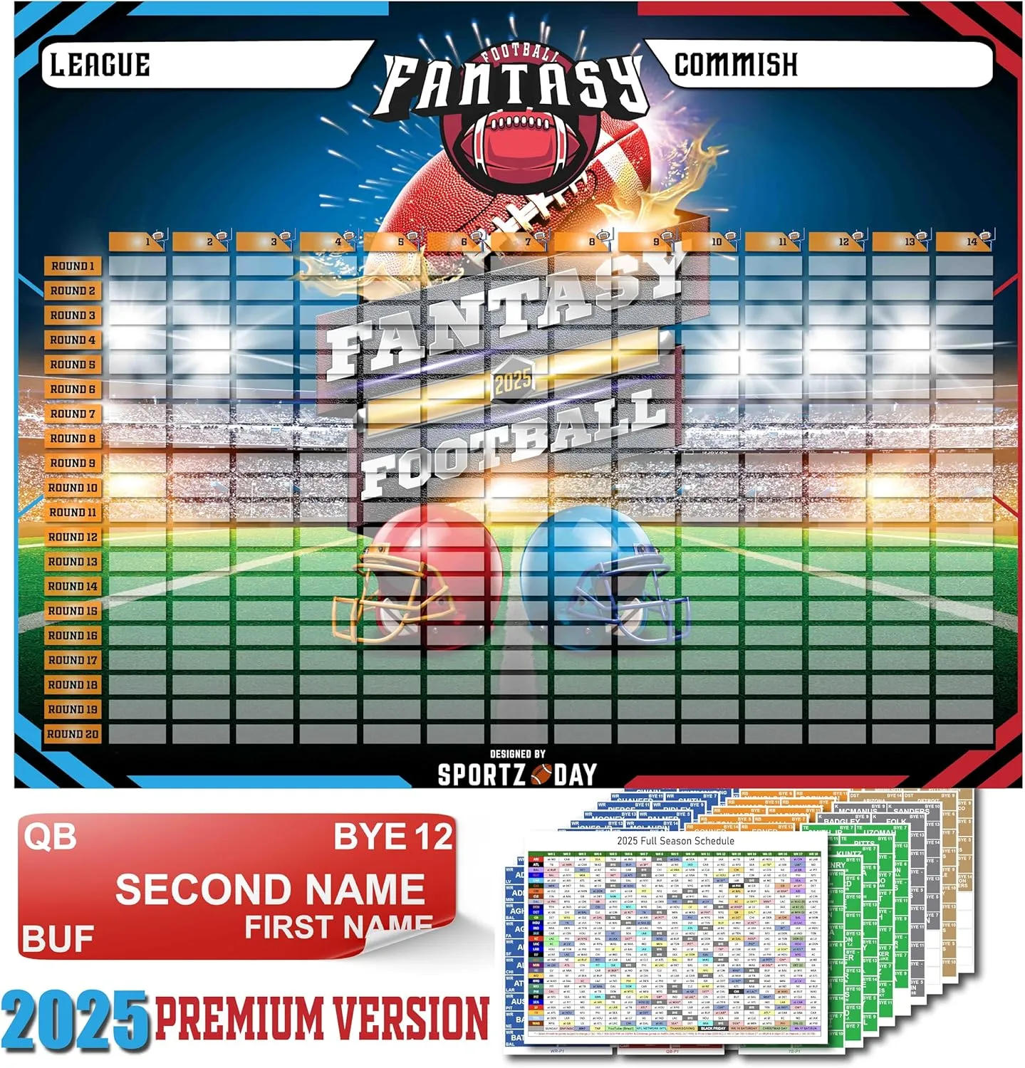 Fantasy Football Draft Board 2025-2026 Kit - Extra Large Set with 600  Player Labels - Premium Color Edition[14 Teams 20 Rounds]