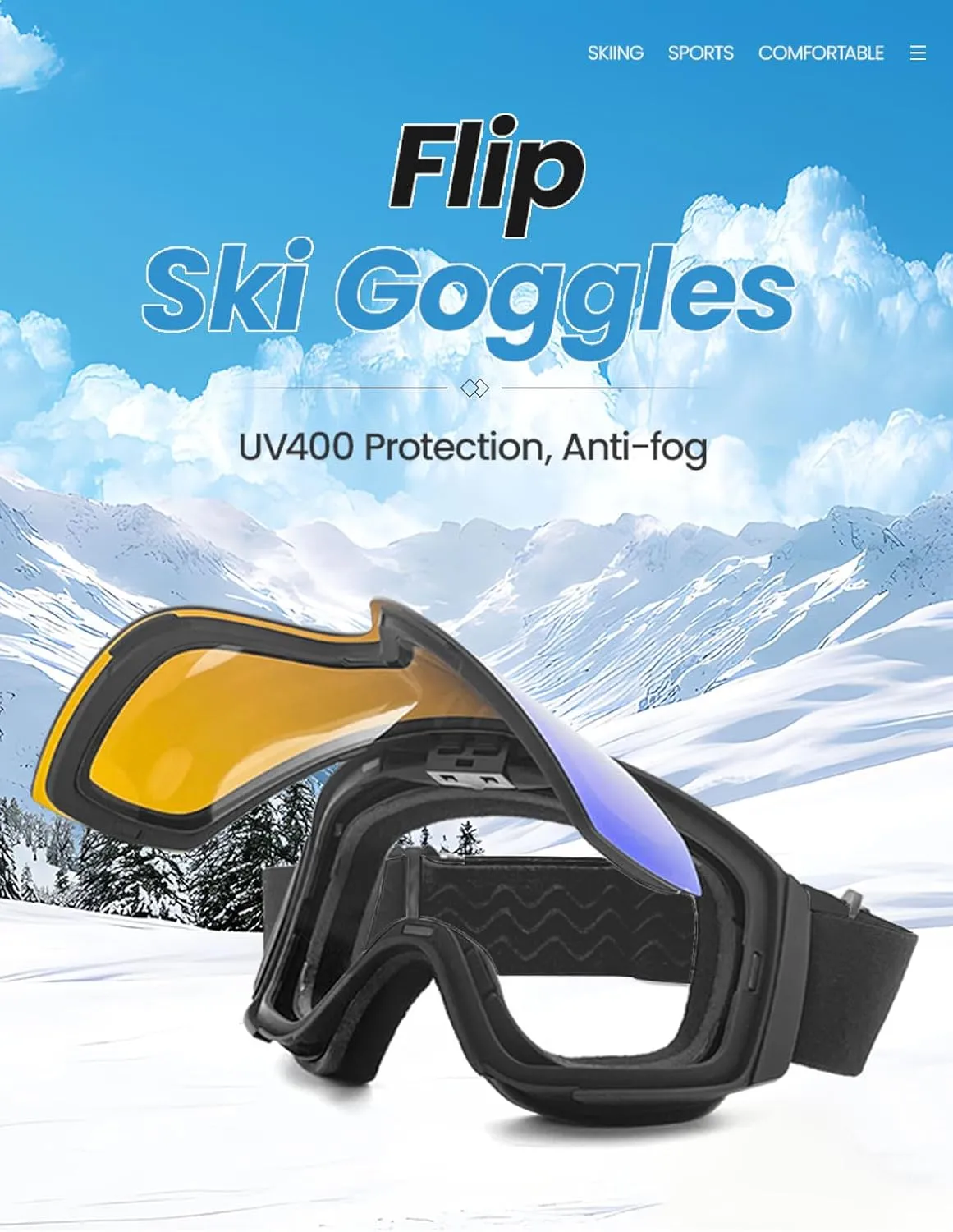 Flip Up Ski Goggles, OTG Snow Goggles, Clamshell Anti Fog UV Protection, Snowboard Goggles for Men Women Youth