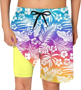 Funnycokid Boys Swim Trunks with Compression Liner Kids Anti-Chafe Swim Shorts Quick Dry Bathing Suit 5-16T