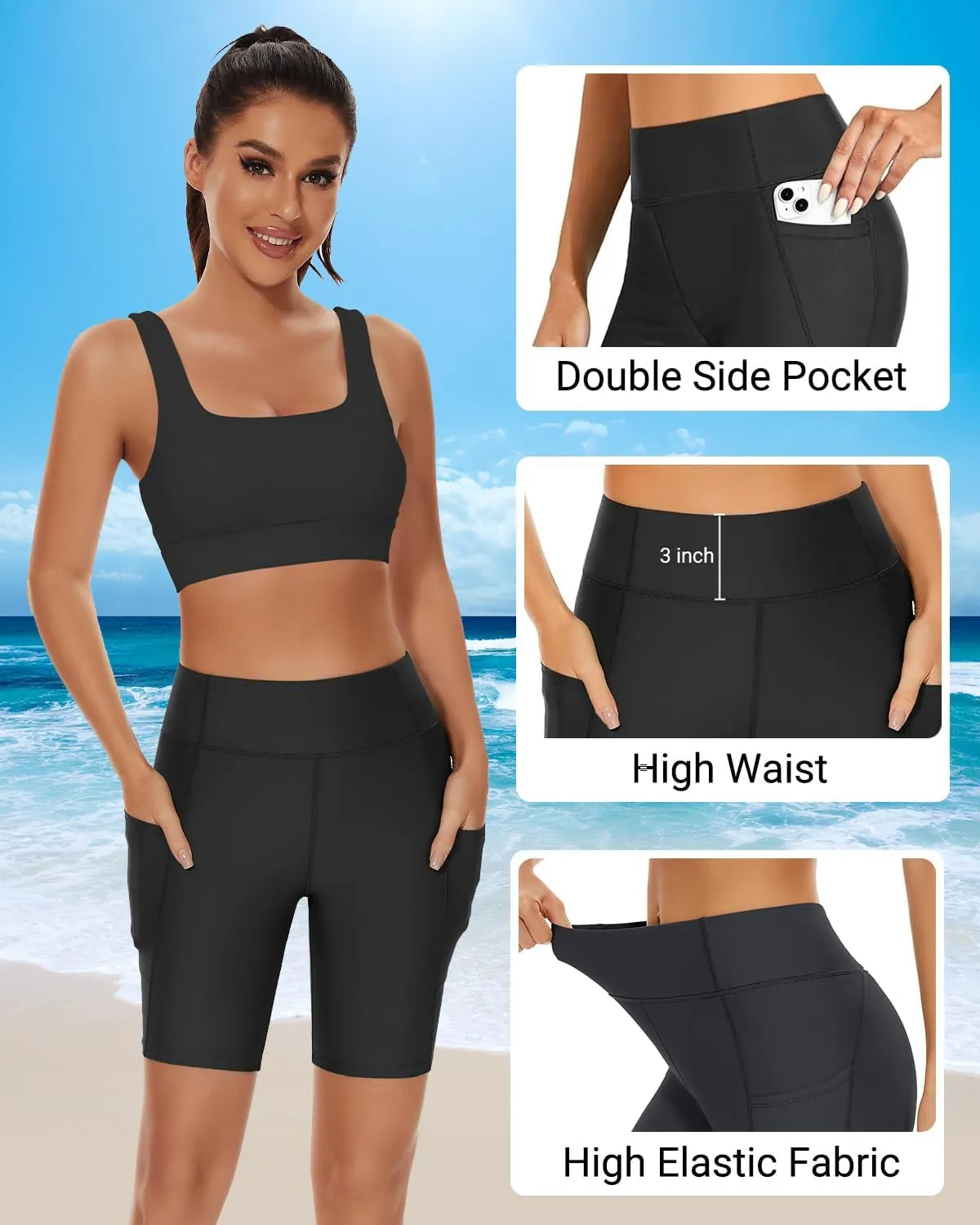 Holipick Women High Waisted Swim Shorts Tummy Control Biker Shorts with Pockets Swim Bottoms