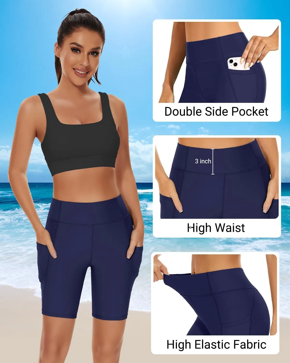 Holipick Women High Waisted Swim Shorts Tummy Control Biker Shorts with Pockets Swim Bottoms