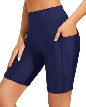 Holipick Women High Waisted Swim Shorts Tummy Control Biker Shorts with Pockets Swim Bottoms