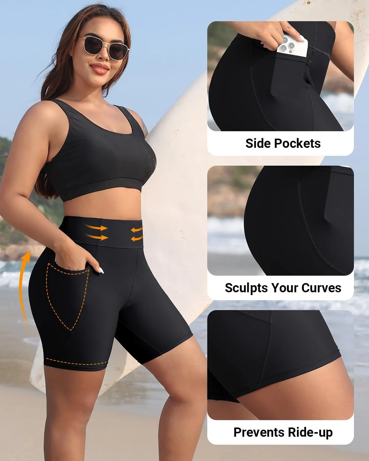 Holipick Women Plus Size Swim Shorts High Waisted Swim Bottoms with Pockets Tummy Control Boy Shorts