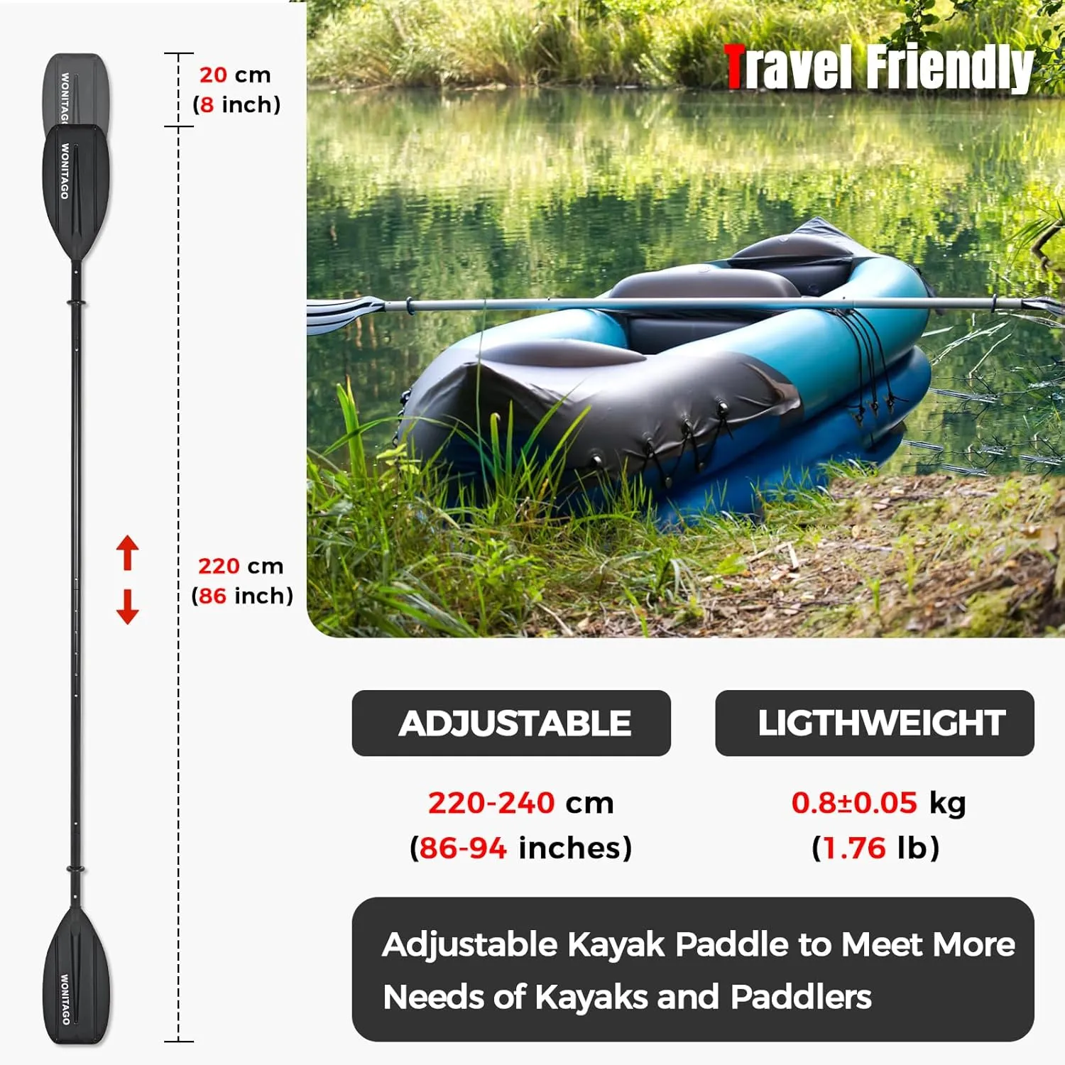Kayak Paddles with Aluminum Shaft and PP Blade, Portable Kayaking Oars for Inflatable Kayak, Packrafts, Adjustable 220-240 cm/86-94 Inches, 5 Piece