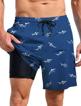 Lzzidou Mens Board Shorts with Compresssion Liner 7 Inch Inseam Swim Trunks Quick Dry Bathing Suit with Zipper Pockets Shark