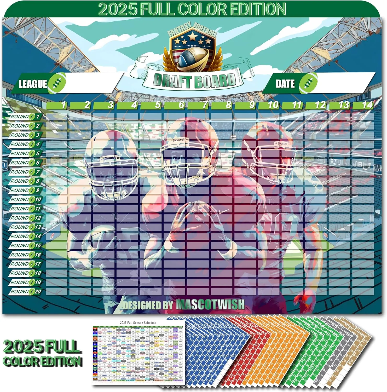 Mascotwish Fantasy Football Draft Board 2025 Premium Color Edition, 640 Player Labels, 5.3 Feet x 3.7 Feet Large Board with 14 Teams, 20 Rounds, 2025 Top Rookie, 20 Blank Labels