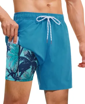 Mens 7 Inch Swim Trunks with Compression Liner Stretch Quick Dry Swim Shorts Swimsuits with Pockets