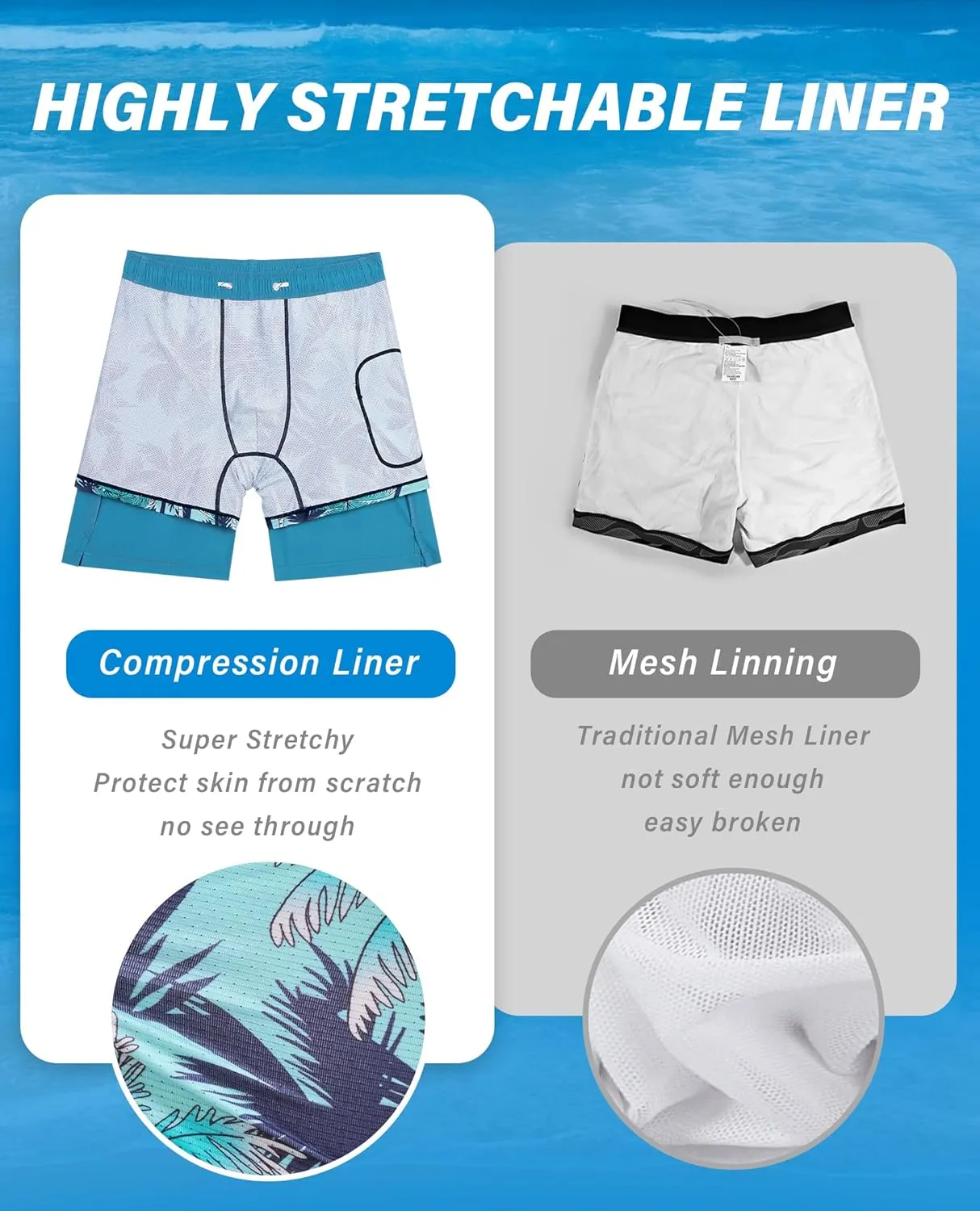 Mens 7 Inch Swim Trunks with Compression Liner Stretch Quick Dry Swim Shorts Swimsuits with Pockets