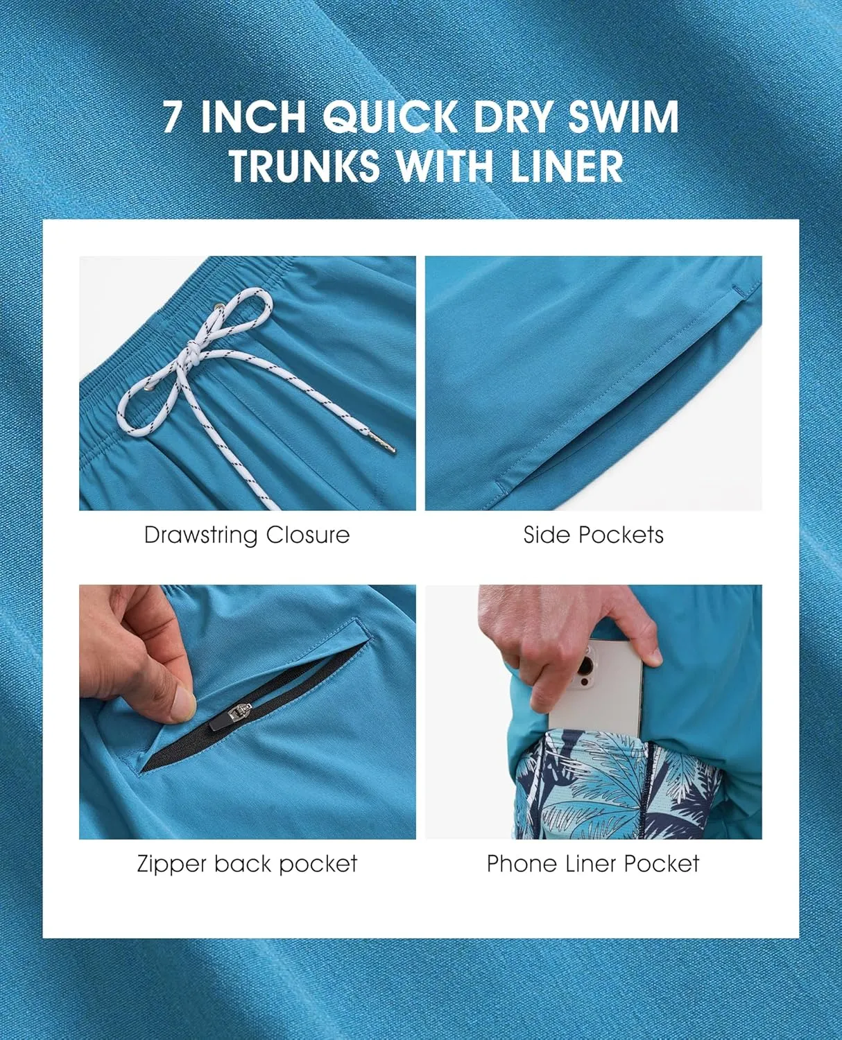 Mens 7 Inch Swim Trunks with Compression Liner Stretch Quick Dry Swim Shorts Swimsuits with Pockets