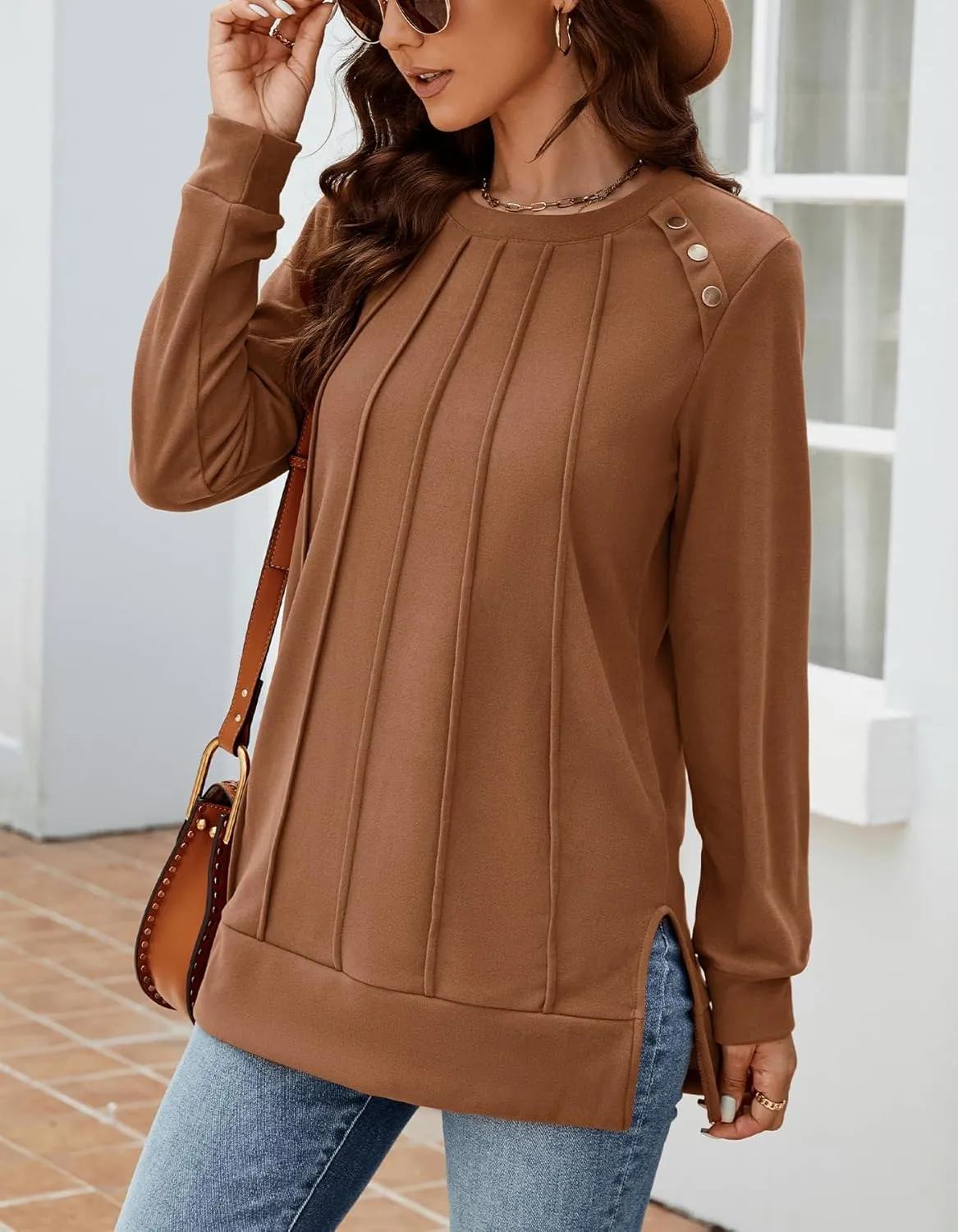 Odosalii Womens Long Sleeve Tops Crewneck Sweatshirts Pleated Front Sweaters Plain Shirts Trendy Side Split Fall Outfits