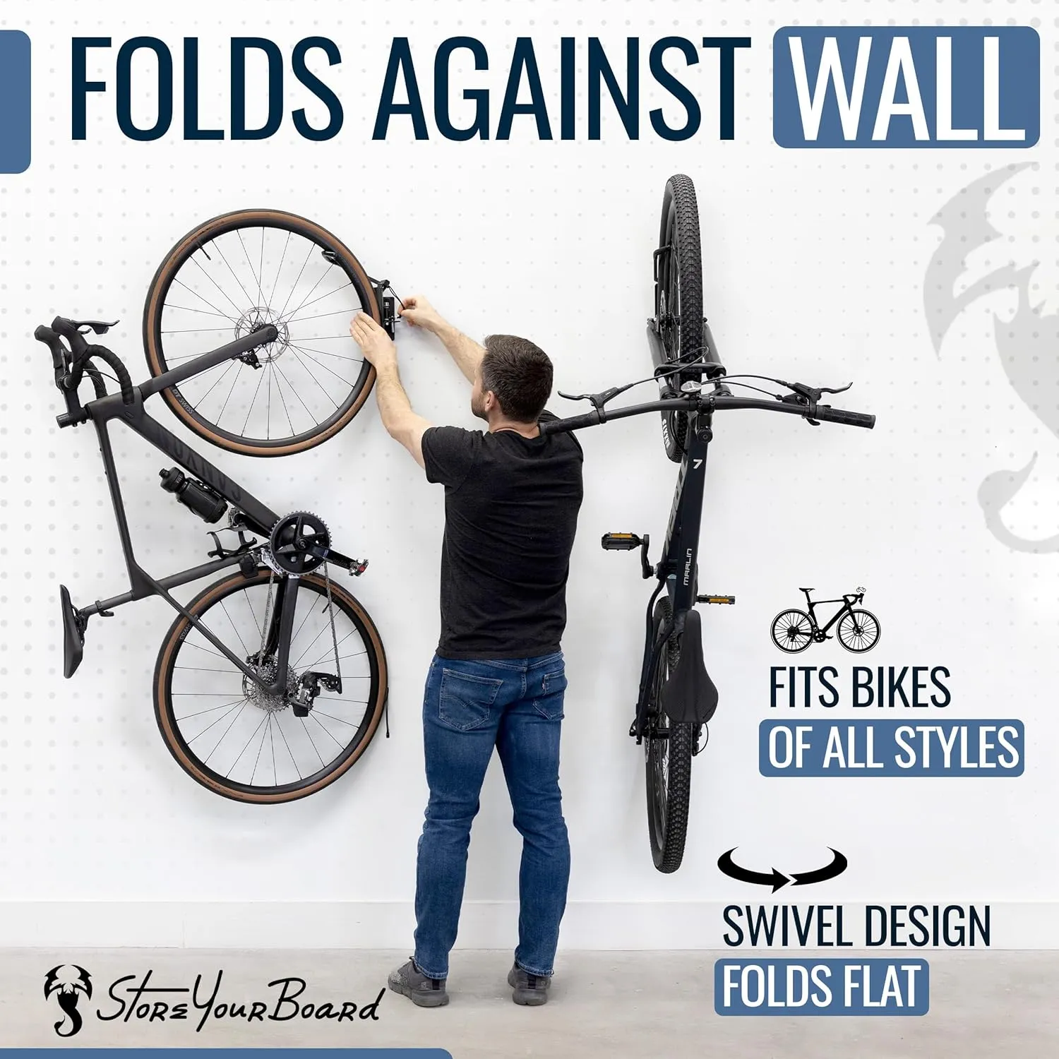 StoreYourBoard Swivel Bike Rack, Bike Rack Garage Wall Mount W/Stopper, Swing 120 Degrees Design, Vertical Hanger Hook for Indoor, Bicycle Storage Rack, Space Saving, Holds 50 lbs per rack