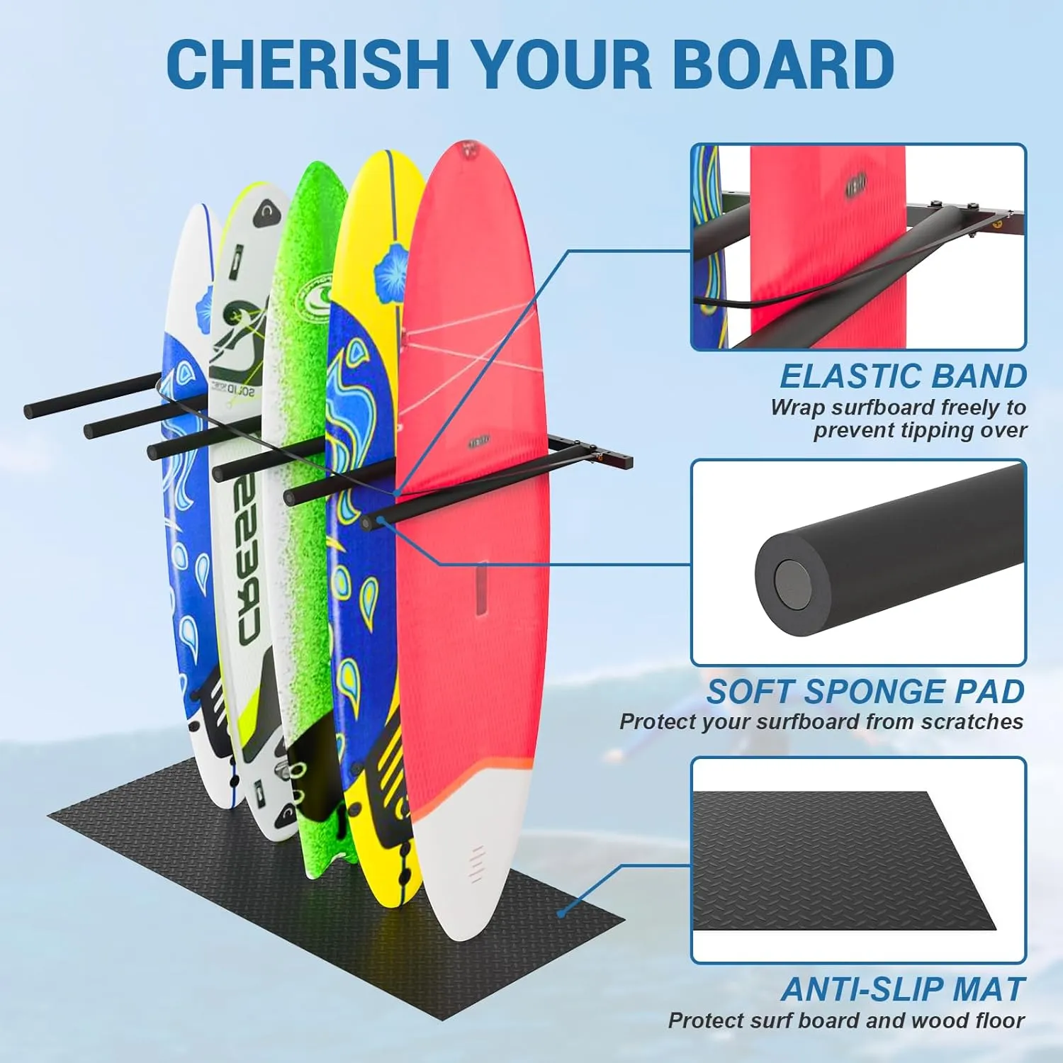 Vertical Surfboard Rack for Wall, Surfboard Wall Mount with Bungee Cord and Rubber Mat, 4/6 Arms Metal Garage Surfboard Stand Wall Decor for Surf Board, Paddle Board SUP, Wakeboard, Snowboard
