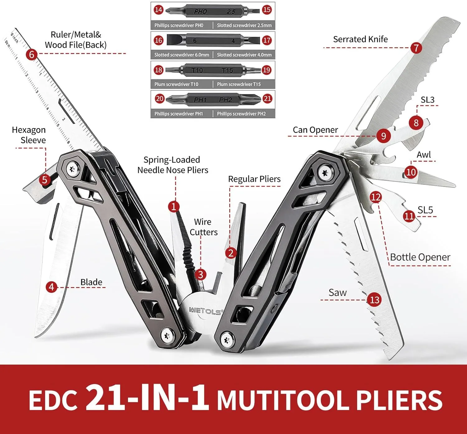 WETOLS Multitool 21-in-1 Stainless Steel Pocket Knife, Father's Day Gift Ideas Gifts for Mens Gifts for Dad Him, Self-locking Pliers Multi Tools, Mens Birthday Gift Ideas, EDC Knife for Outdoors