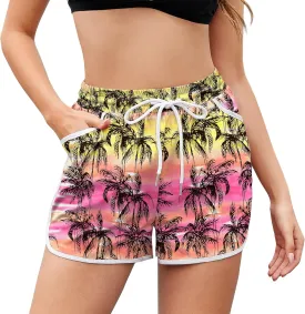 Women Drawstring Board Shorts Floral Beach Swim Shorts Summer Swim Trunks with Pockets